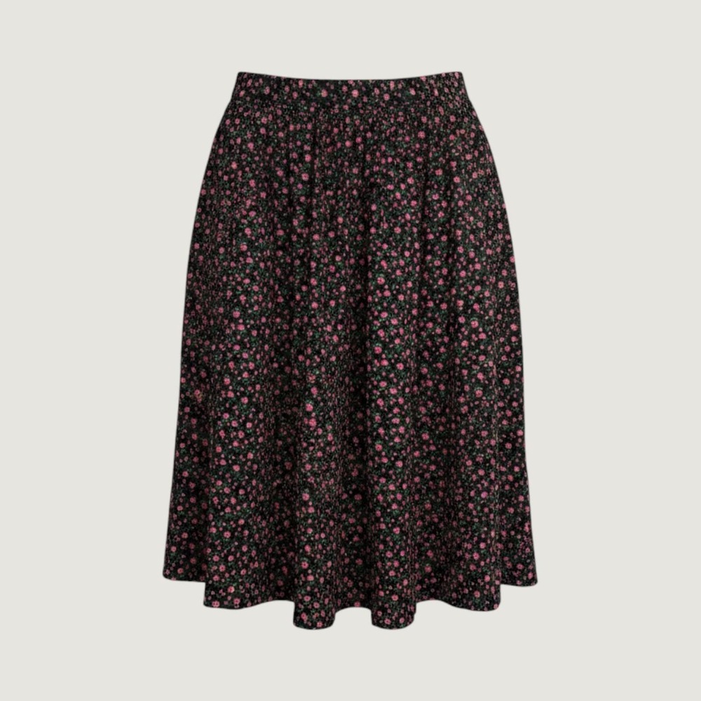 VTG Floral Skirt XL Black Red Cotton A-Line Pleated Pinup Romantic Girly
